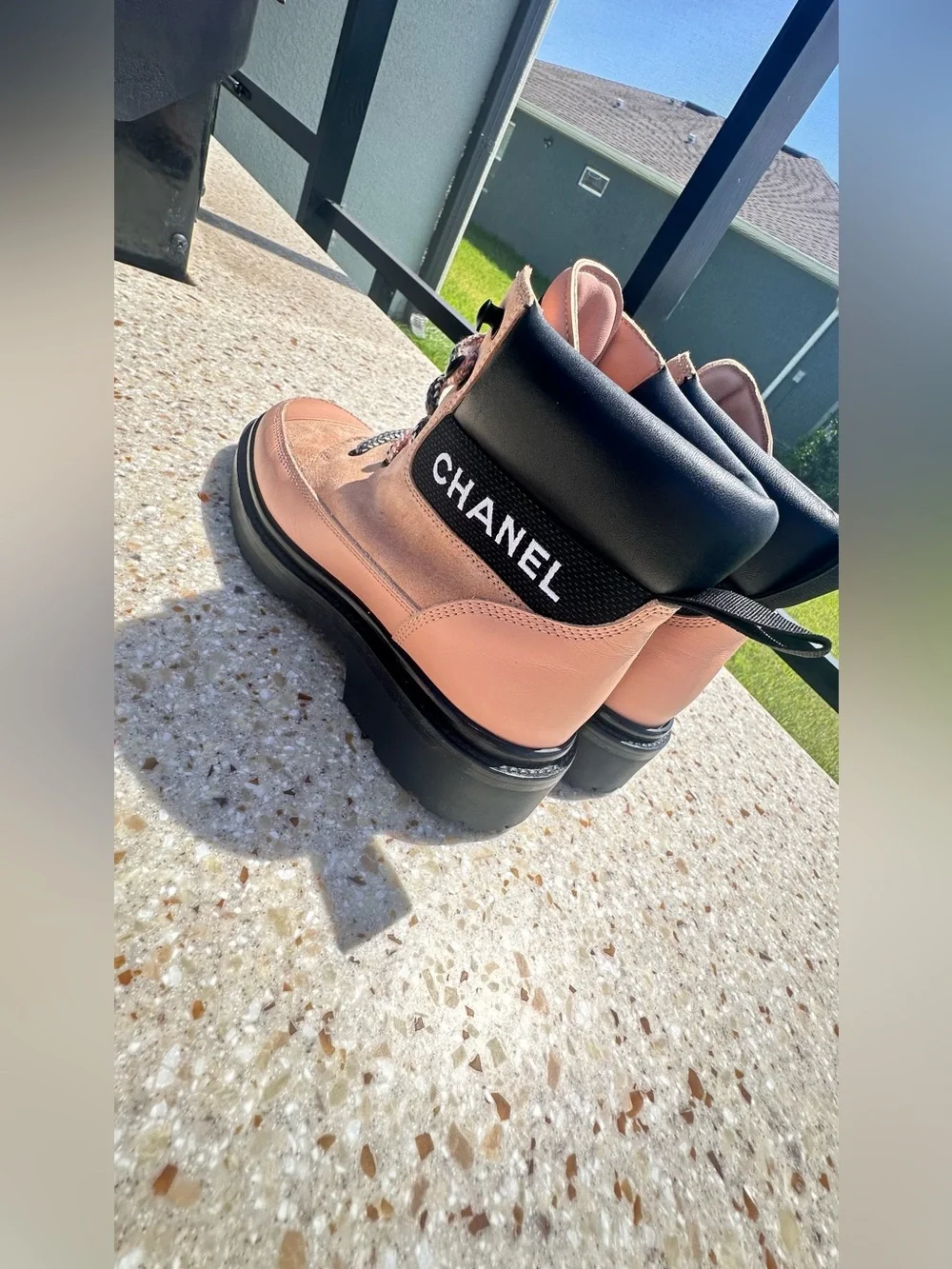 Chanel Pink suede and leather lace-up combat boots  Cc Logo. US Sz 8- 8.5 EU 39